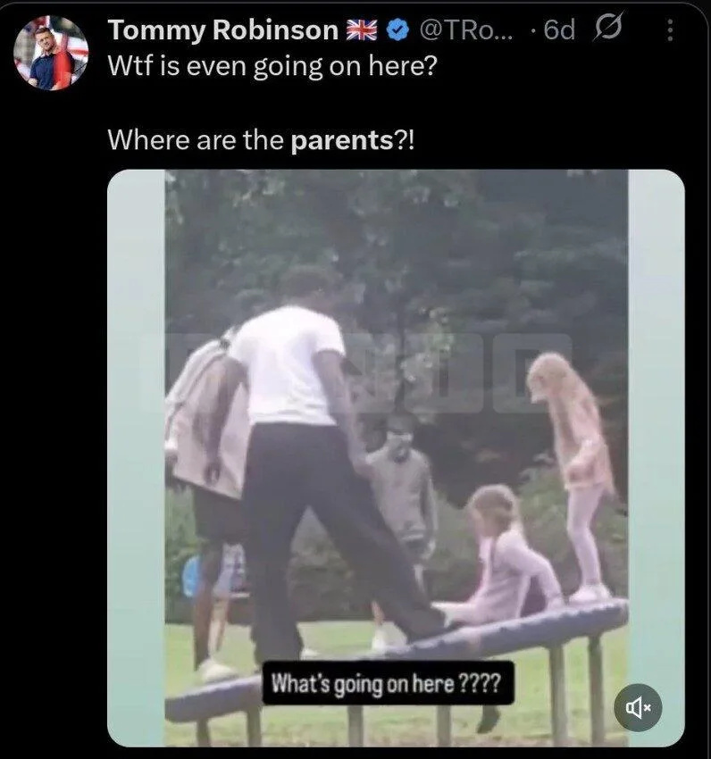 Screenshot of Tommy Robinson’s X post sharing a video of Olajuwon Ayeni and his brother in a park with Ayeni’s granddaughters. A caption has been stamped across the footage. Robinson deleted the post on 21 August 2025.