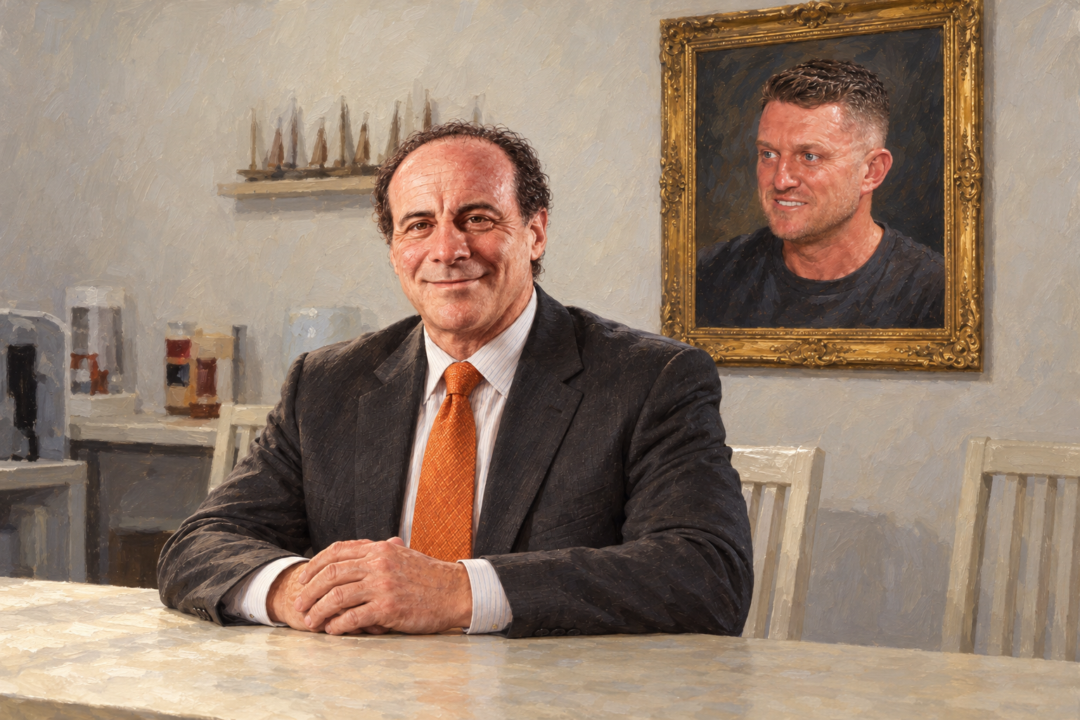 Editorial illustration of Edward “Coach” Weinhaus seated at a table, with a framed portrait of Tommy Robinson on the wall behind him.